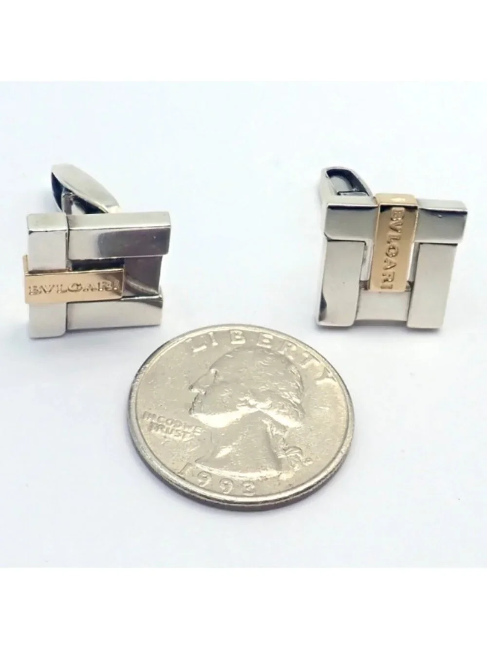 Authentic! Bulgari Bvlgari 18k Yellow Gold + Sterling Silver Square Cufflinks